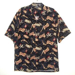 SEA WOLF Mens Pirates Button Up Shirt Size L Skull Crossbones Swords Gold Island